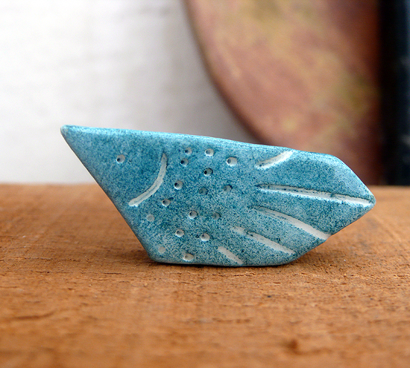 Ceramic Brooch / Polygonal Fish Figure In Petrol Blue